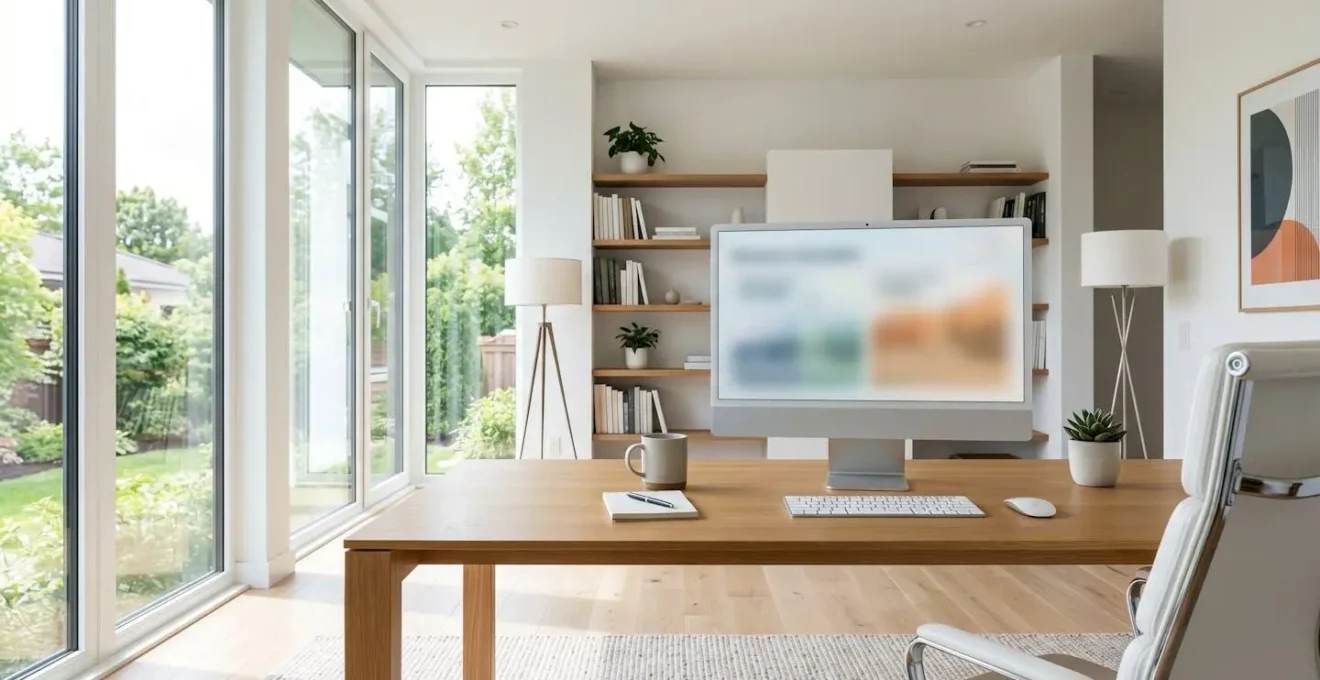 Vue grand angle d'un bureau à domicile moderne et lumineux avec écran d'ordinateur affichant une interface floue de simulation retraite, espace de travail organisé, lumière naturelle abondante