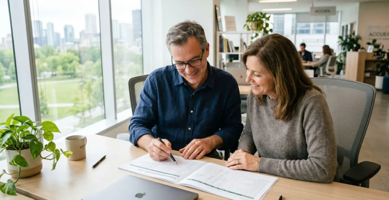 Un conseiller et un client vus de dos consultent ensemble un relevé de carrière posé sur un bureau moderne lumineux lors d'un entretien retraite