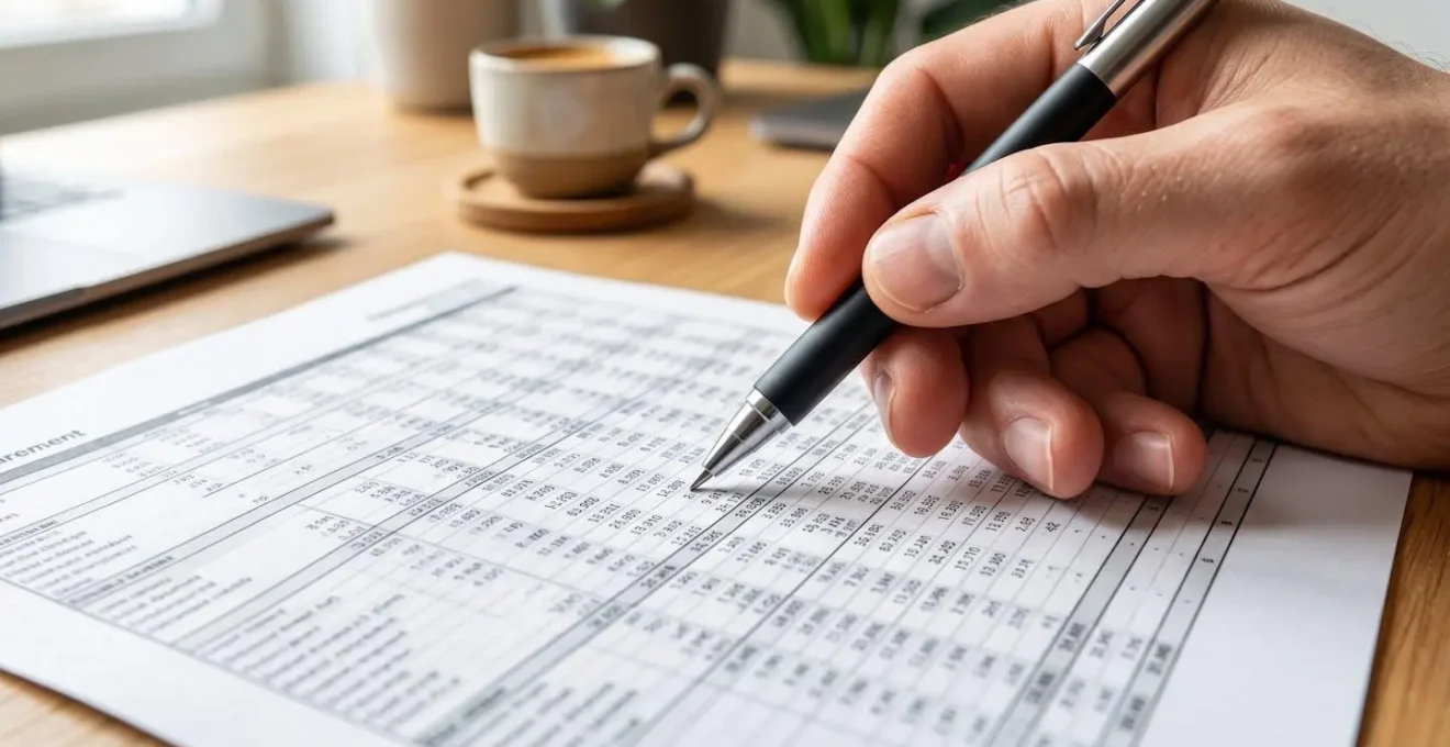 Gros plan sur une main tenant un stylo pointant une ligne d'une feuille de calcul avec chiffres et colonnes floutés posée sur un bureau moderne