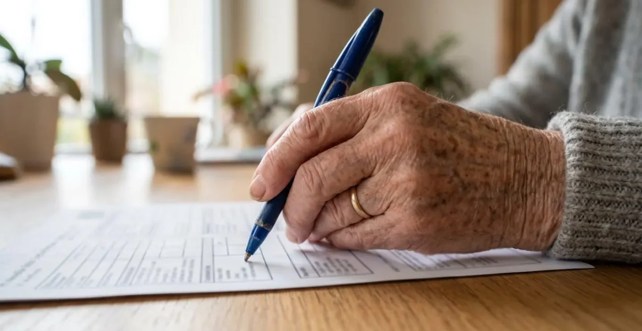 Mains âgées à la peau ridée tenant un stylo au-dessus d'un formulaire administratif dont le texte est flouté, photographiées en très gros plan avec un arrière-plan doux et flou sur un bureau en bois clair moderne