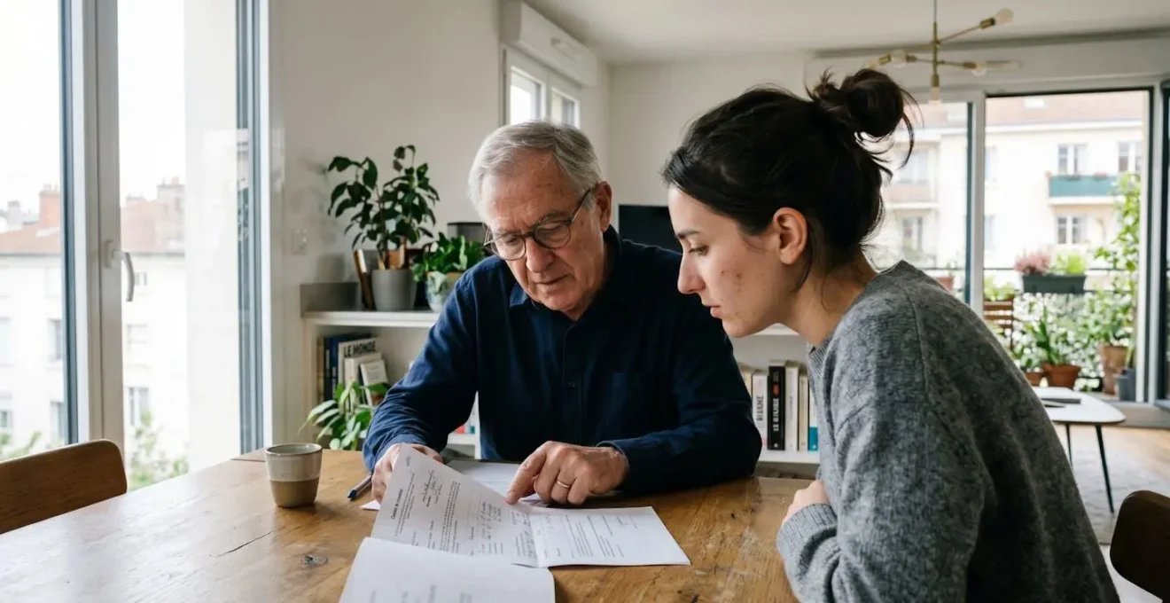 Une femme d'âge mûr et une personne âgée aux cheveux gris consultent ensemble un document posé sur une table, vues de profil dans un intérieur moderne éclairé par la lumière naturelle