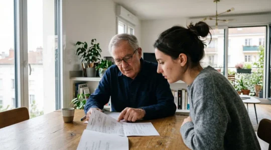 Une femme d'âge mûr et une personne âgée aux cheveux gris consultent ensemble un document posé sur une table, vues de profil dans un intérieur moderne éclairé par la lumière naturelle