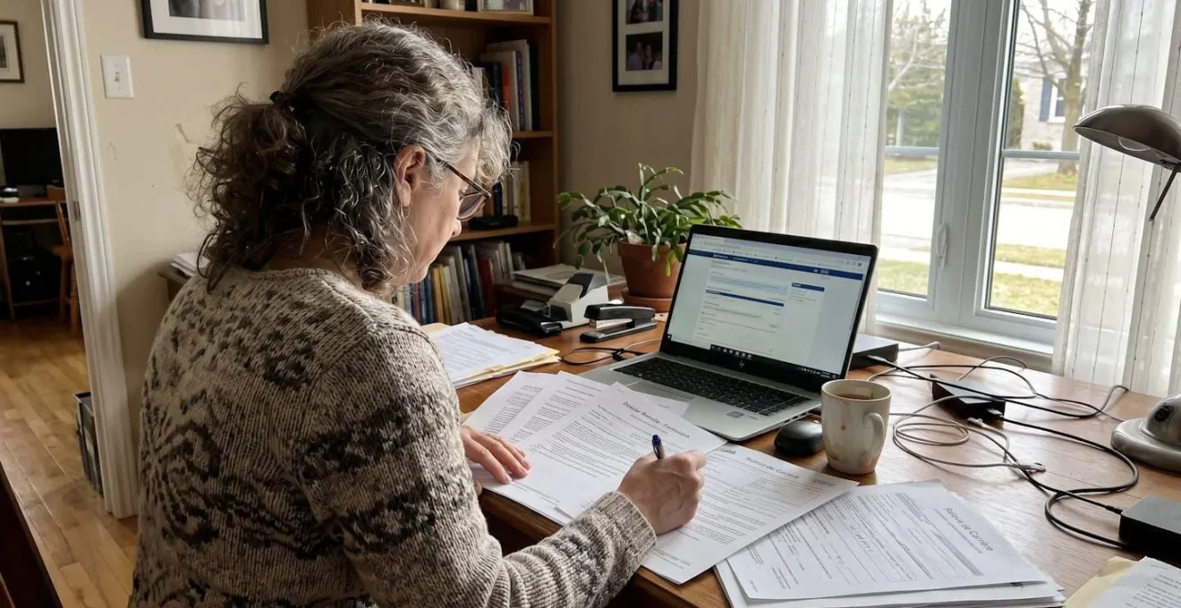 Personne de dos consultant des documents de retraite et un ordinateur portable dans un bureau à domicile moderne