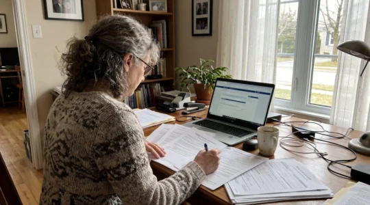 Personne de dos consultant des documents de retraite et un ordinateur portable dans un bureau à domicile moderne