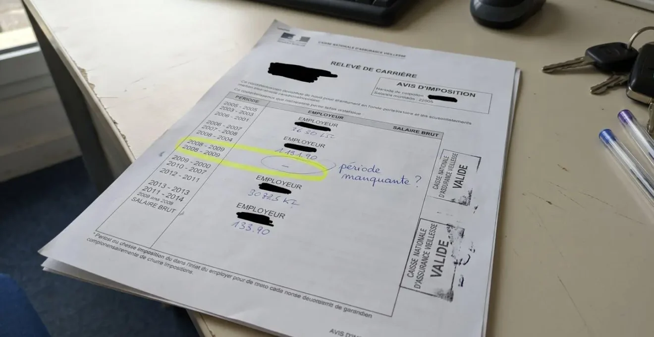 Gros plan d'un relevé de carrière français montrant plusieurs employeurs et périodes surlignées au stabilo jaune