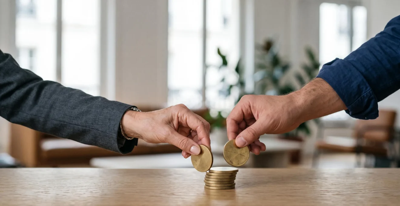 Deux mains, celle d'un employeur et celle d'un salarié, déposant chacune un jeton doré sur une pile commune, symbolisant l'abondement partagé dans un PER collectif en France