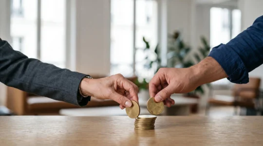 Deux mains, celle d'un employeur et celle d'un salarié, déposant chacune un jeton doré sur une pile commune, symbolisant l'abondement partagé dans un PER collectif en France