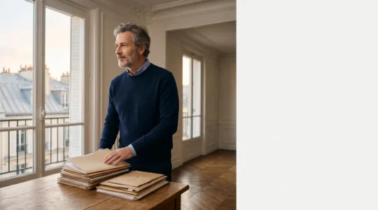 Homme mûr en tenue décontractée organisant sereinement des dossiers dans un salon lumineux à la française, symbolisant la transition vers la retraite