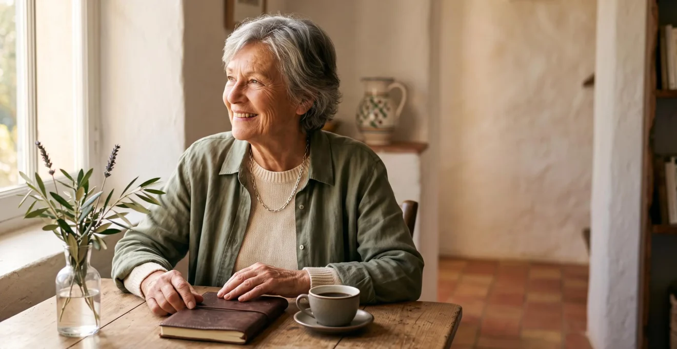 Personne senior souriante apprenant une langue étrangère dans un cadre lumineux et chaleureux, symbole de confiance et de renouveau intellectuel après 65 ans
