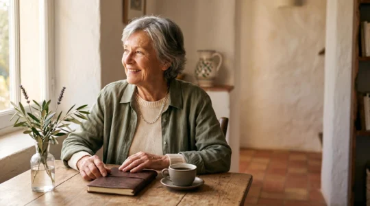 Personne senior souriante apprenant une langue étrangère dans un cadre lumineux et chaleureux, symbole de confiance et de renouveau intellectuel après 65 ans