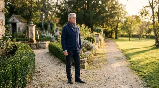 Homme senior français à un carrefour symbolique représentant le choix entre rente viagère et capital pour son épargne retraite