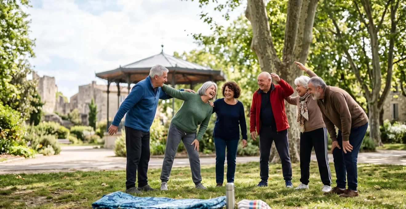 Groupe de seniors souriants pratiquant une activite physique douce en exterieur, illustrant le mouvement et l'amitie
