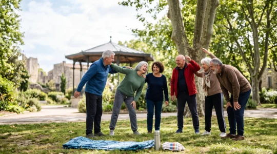 Groupe de seniors souriants pratiquant une activite physique douce en exterieur, illustrant le mouvement et l'amitie