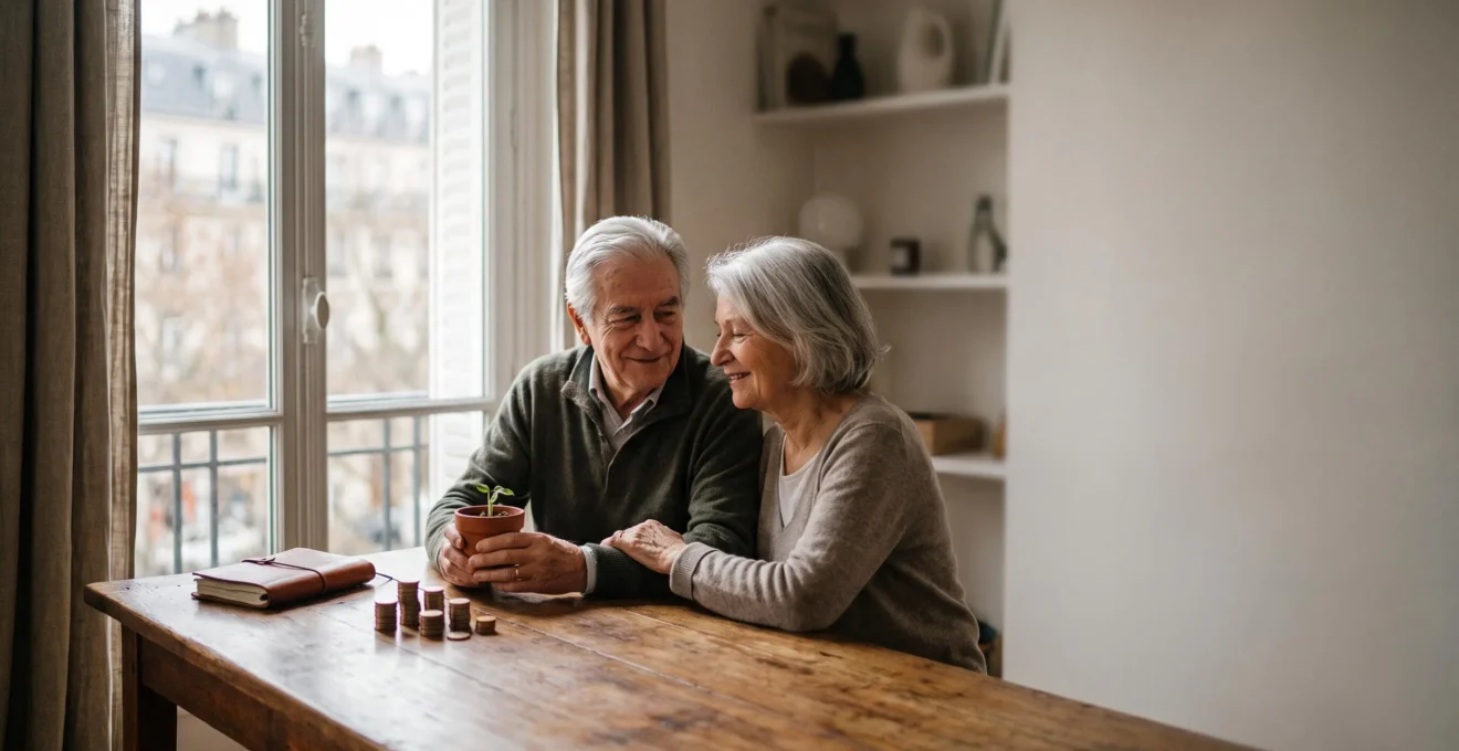 Personne senior souriante consultant sereinement ses finances dans un intérieur lumineux, symbolisant un complément de revenus réussi après 65 ans en France