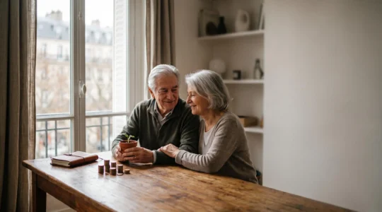 Personne senior souriante consultant sereinement ses finances dans un intérieur lumineux, symbolisant un complément de revenus réussi après 65 ans en France