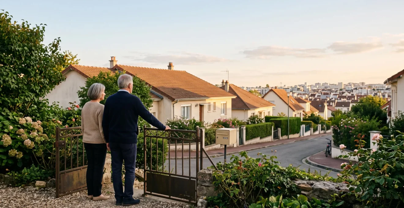 Couple de retraités debout devant un pavillon de banlieue française, symbolisant le choix de vie à la retraite