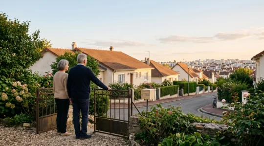 Couple de retraités debout devant un pavillon de banlieue française, symbolisant le choix de vie à la retraite