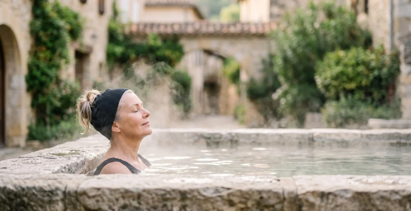 Une personne d'âge mûr immergée dans un bassin thermal en plein air entouré de vapeur et de pierre naturelle, illustrant le soulagement des douleurs articulaires par la cure thermale.