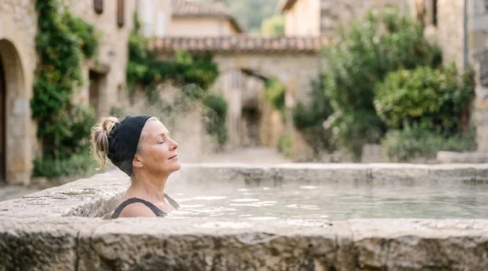 Une personne d'âge mûr immergée dans un bassin thermal en plein air entouré de vapeur et de pierre naturelle, illustrant le soulagement des douleurs articulaires par la cure thermale.