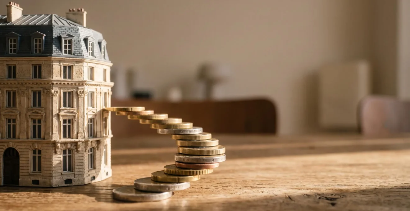 Illustration symbolique d'un couple français devant leur maison, représentant les économies réalisées sur leur assurance de prêt immobilier