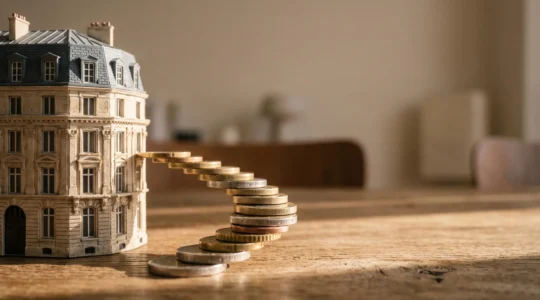 Illustration symbolique d'un couple français devant leur maison, représentant les économies réalisées sur leur assurance de prêt immobilier