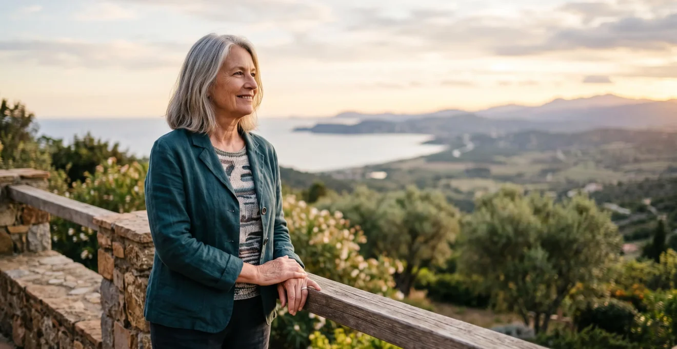 Une personne âgée souriante contemplant un nouvel horizon, symbole d'un nouveau chapitre de vie plutôt que d'un deuil