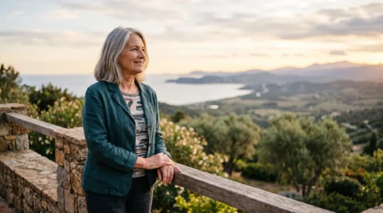 Une personne âgée souriante contemplant un nouvel horizon, symbole d'un nouveau chapitre de vie plutôt que d'un deuil