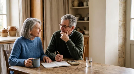 Couple de retraités français assis à la table de leur cuisine, examinant sereinement des documents financiers dans une lumière naturelle douce