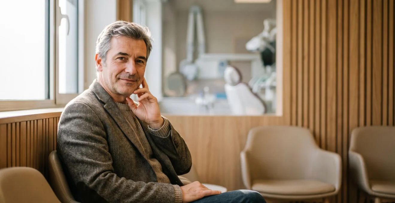 Homme d'une cinquantaine d'années au sourire sain et confiant, symbolisant la prévention de la perte dentaire liée à la parodontite