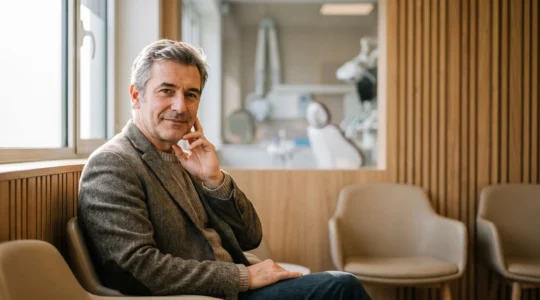 Homme d'une cinquantaine d'années au sourire sain et confiant, symbolisant la prévention de la perte dentaire liée à la parodontite