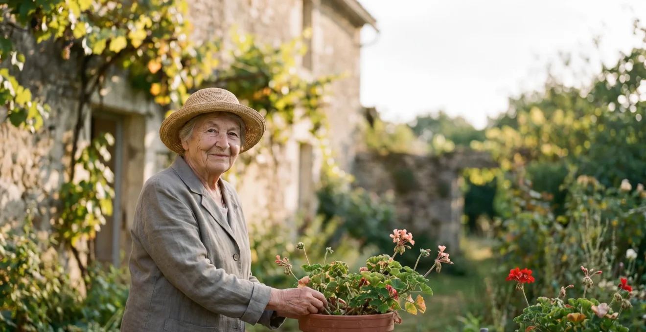 Femme senior française épanouie et autonome dans son jardin baigné de lumière, symbole d'indépendance après 75 ans