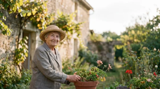 Femme senior française épanouie et autonome dans son jardin baigné de lumière, symbole d'indépendance après 75 ans