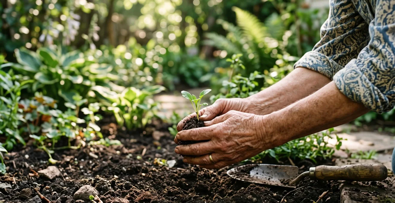 Mains d'une personne âgée tenant délicatement un jeune plant dans un jardin, illustrant la continuité du jardinage malgré l'arthrose