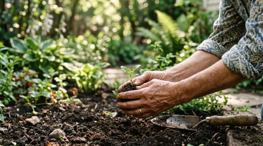 Mains d'une personne âgée tenant délicatement un jeune plant dans un jardin, illustrant la continuité du jardinage malgré l'arthrose