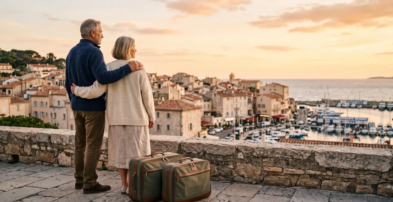 Couple de seniors contemplant leur nouvelle région de vie face à un paysage côtier français au lever du jour