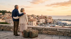 Couple de seniors contemplant leur nouvelle région de vie face à un paysage côtier français au lever du jour