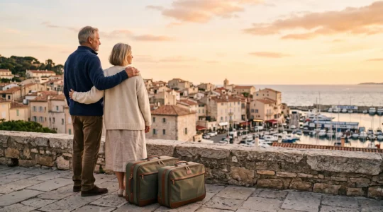 Couple de seniors contemplant leur nouvelle région de vie face à un paysage côtier français au lever du jour