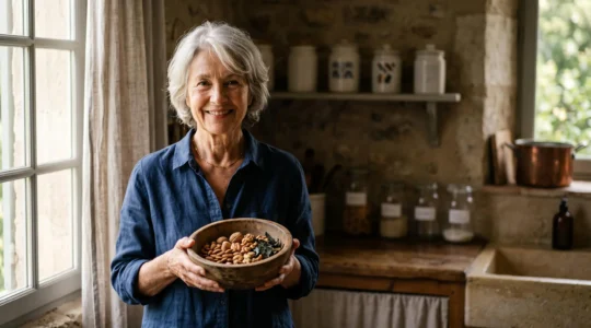 Personne senior française énergique préparant un repas équilibré riche en oligoéléments dans une cuisine lumineuse