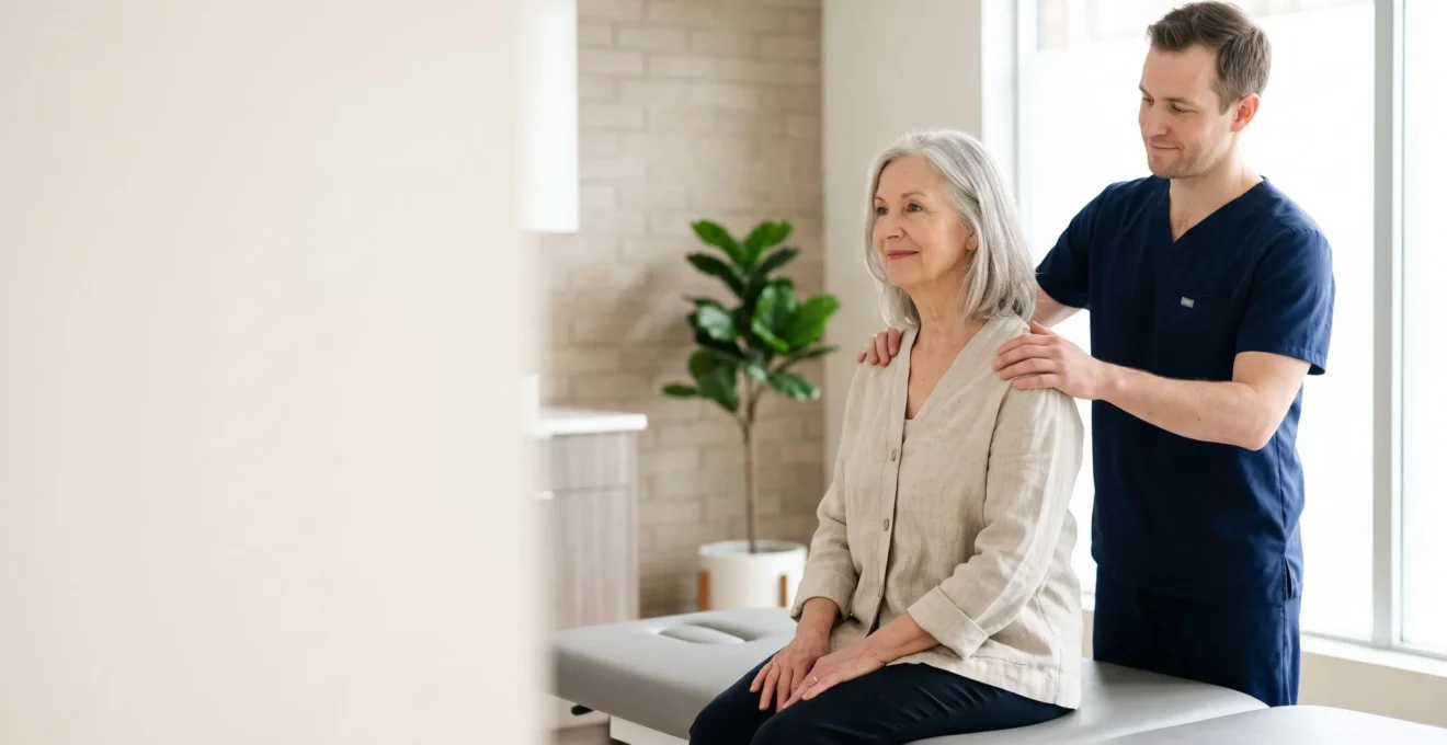 Séance d'ostéopathie préventive pour une personne senior sans douleur aiguë, dans un cabinet lumineux et rassurant