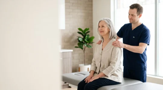 Séance d'ostéopathie préventive pour une personne senior sans douleur aiguë, dans un cabinet lumineux et rassurant