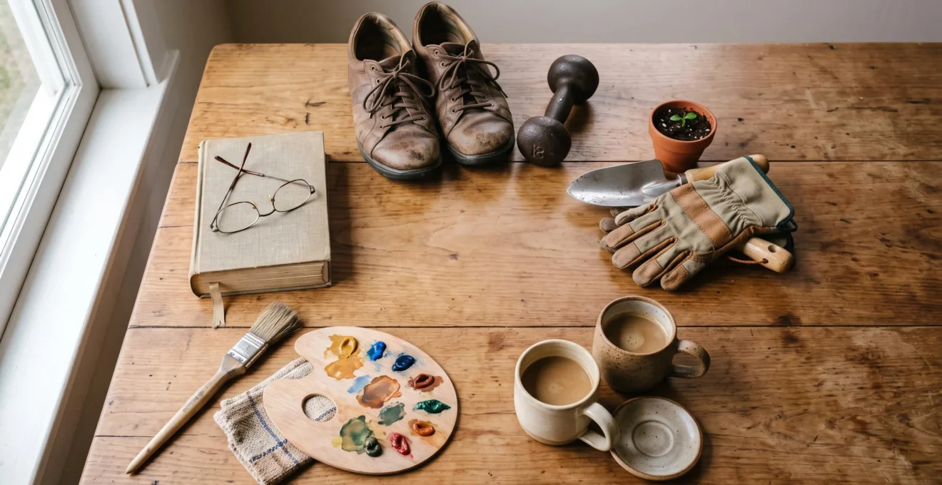 Composition symbolique d'objets représentant cinq types d'activités complémentaires pour un planning hebdomadaire équilibré