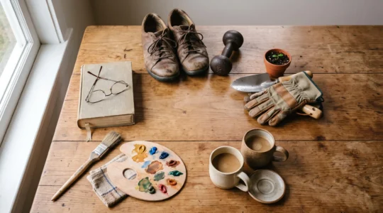 Composition symbolique d'objets représentant cinq types d'activités complémentaires pour un planning hebdomadaire équilibré