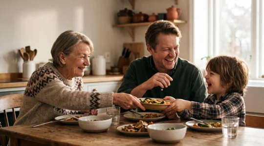 Trois générations réunies autour d'une table familiale conviviale, partageant un repas chaleureux