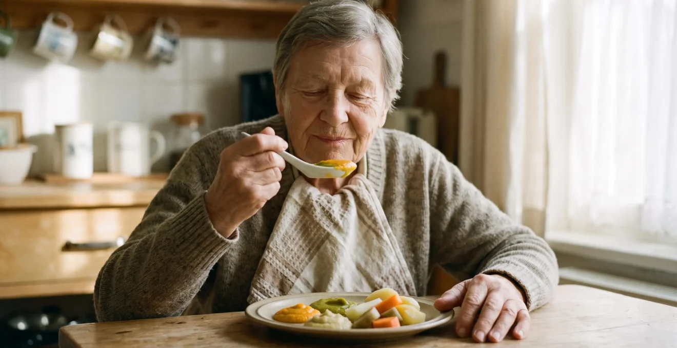 Personne âgée savourant avec plaisir un repas à la texture adaptée, entourée de couleurs chaudes et réconfortantes