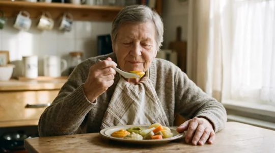 Personne âgée savourant avec plaisir un repas à la texture adaptée, entourée de couleurs chaudes et réconfortantes