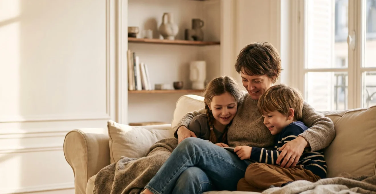 Famille française réunie dans un salon lumineux, symbole de protection et de sécurité financière transmise entre générations