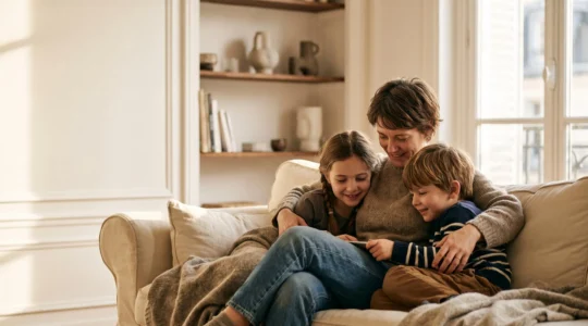 Famille française réunie dans un salon lumineux, symbole de protection et de sécurité financière transmise entre générations