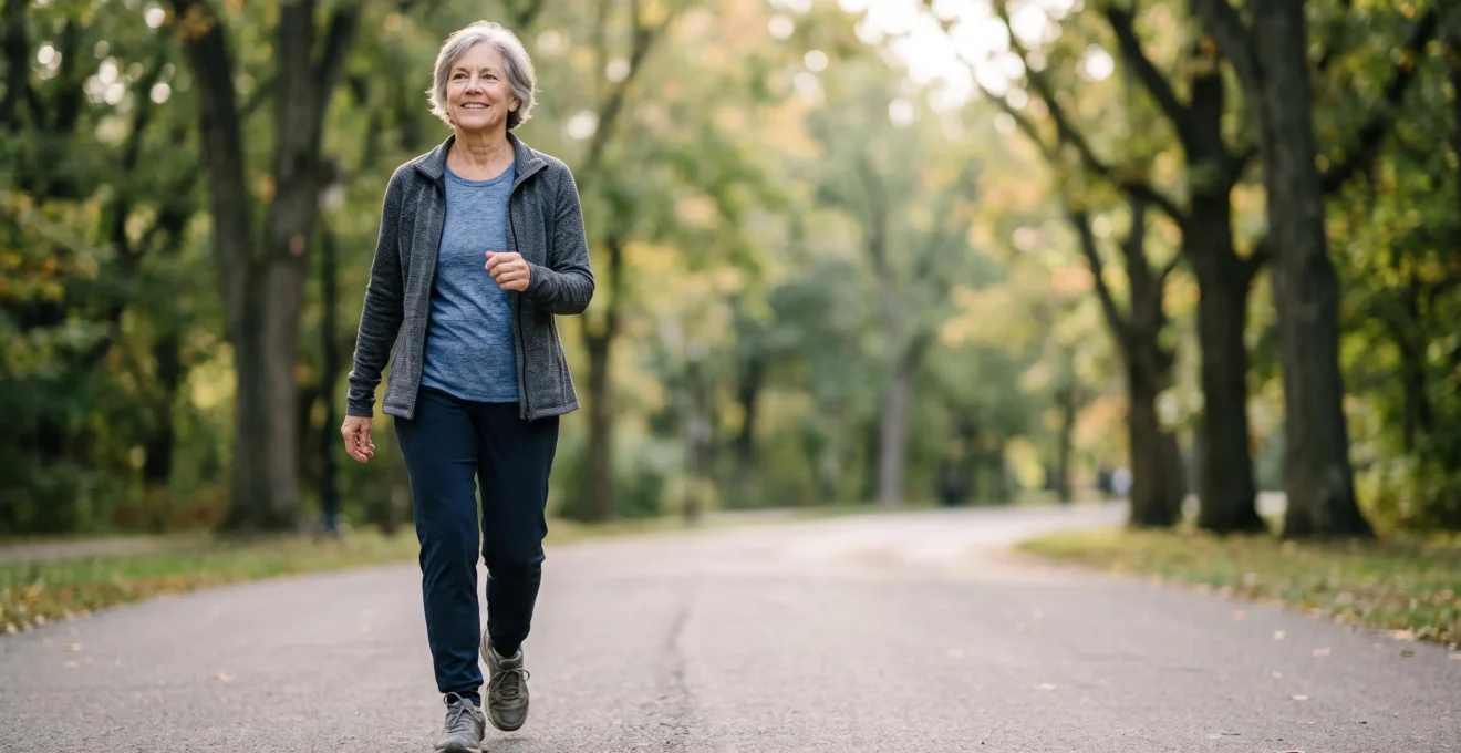 Personne de 65 ans marchant d'un pas dynamique dans un parc, débutant une activité physique douce