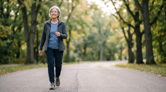 Personne de 65 ans marchant d'un pas dynamique dans un parc, débutant une activité physique douce