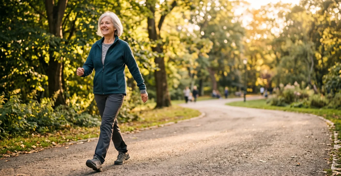 Personne senior active et souriante marchant en extérieur, symbole d'énergie et de mobilité après 65 ans
